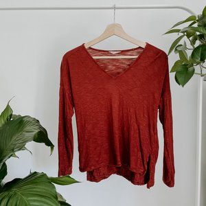 Madewell Red V Neck Long Sleeve Shirt